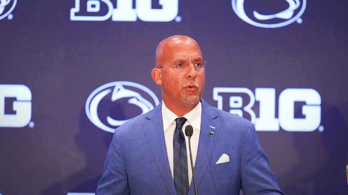 Penn State head coach James Franklin speaks to the media during the Big Ten NCAA college football media days at Mandalay Bay Resort. Mandatory Credit: Lucas Peltier-Imagn Images