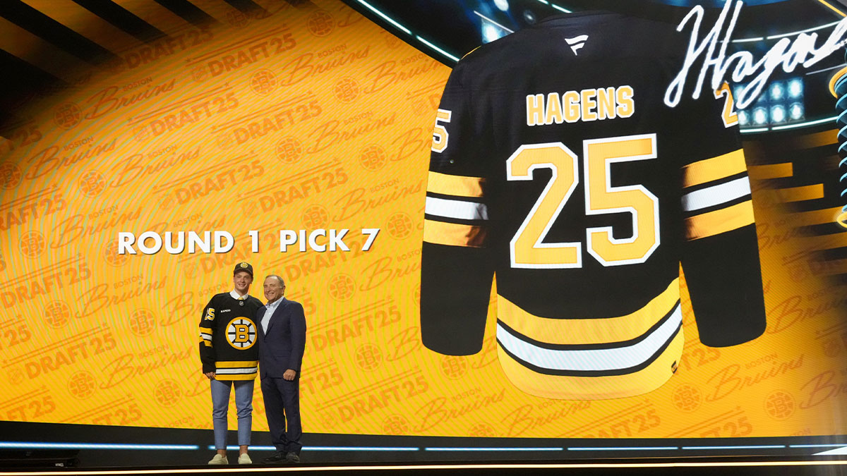 James Hagens is selected as the seventh overall pick to the Boston Bruins in the first round of the 2025 NHL Draft at Peacock Theater.