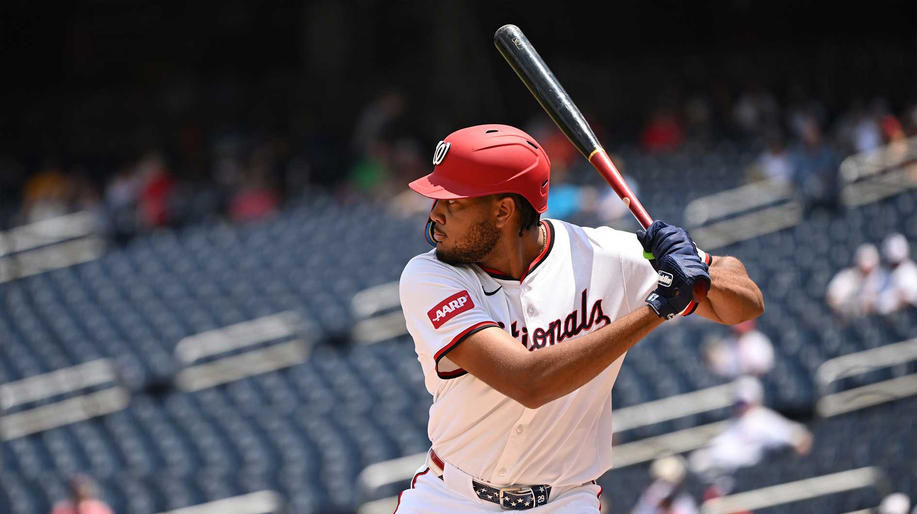 Jul 2, 2025; Washington, District of Columbia, USA; Washington Nationals left fielder James Wood (29) bats against the Detroit Tigers during the first inning at Nationals Park. Mandatory Credit: Rafael Suanes-Imagn Images