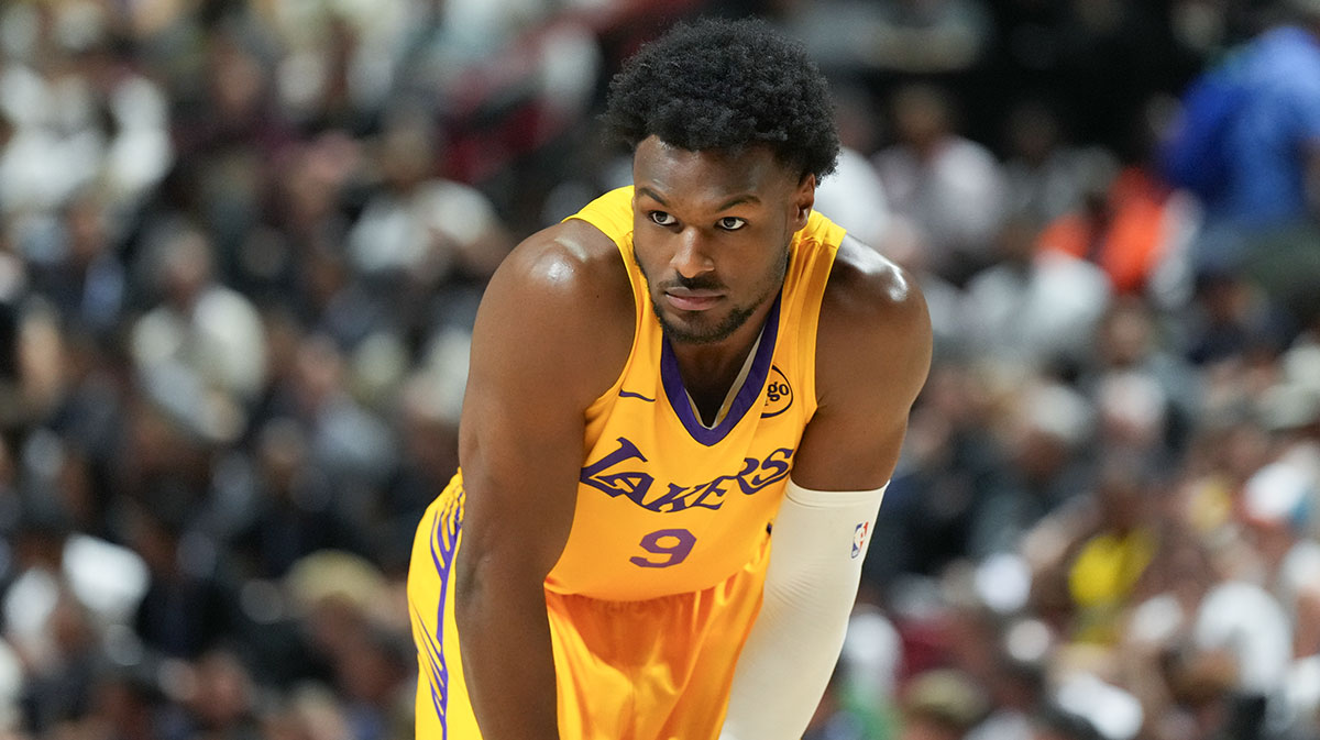 Los Angeles Lakers guard Bronny James (9) prepares for the start of the second quarter against the Dallas Mavericks at Thomas & Mack Center.