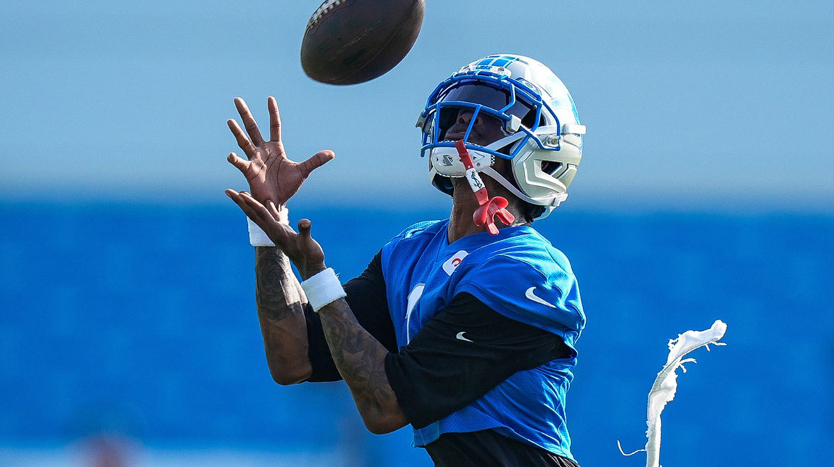 Detroit Lions wide receiver Jameson Williams (1) practices during training camp at Meijer Performance Center in Allen Park on Thursday, July 24, 2025.