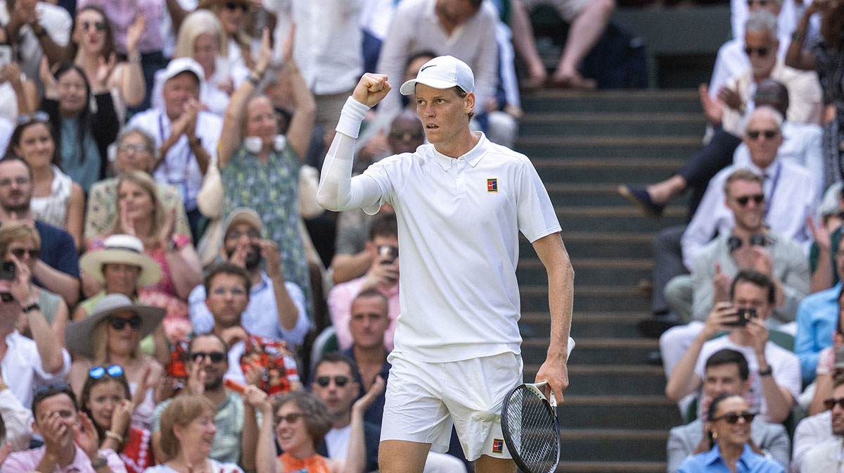 Jannik Sinner of Italy reacts to a point during the men’s singles final match against Carlos Alcaraz of Spain on day 14 at All England Lawn Tennis and Croquet Club.