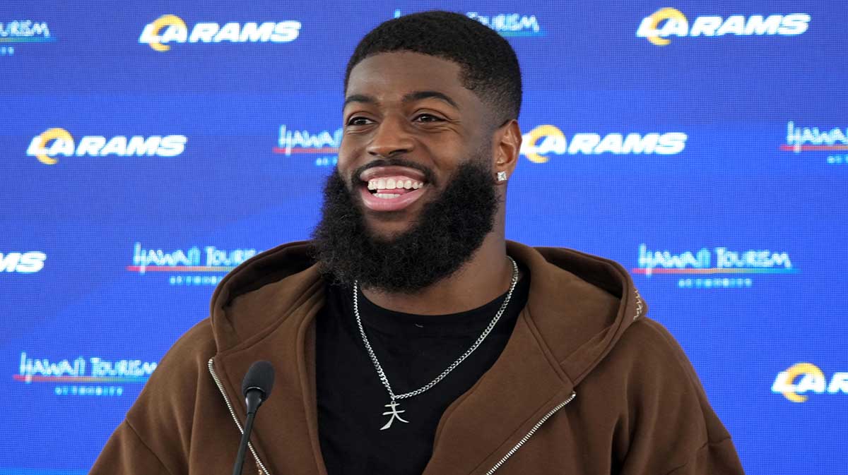 Los Angeles Rams linebacker Jared Verse at a press conference during organized team activities at Rams Practice Facility.
