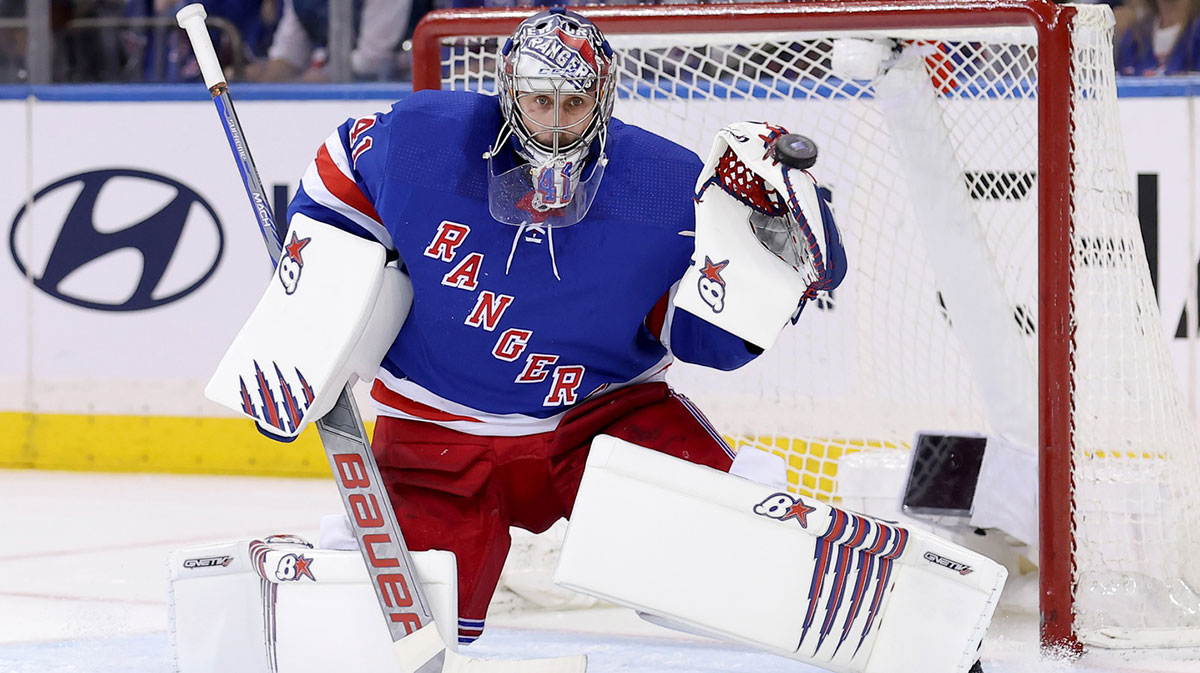 New York Rangers goaltender Jaroslav Halak (41) makes a save against the Toronto Maple Leafs during the second period at Madison Square Garden.