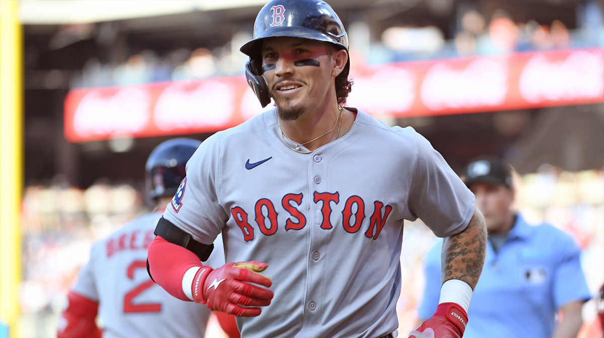 Boston Red Sox outfielder Jarren Duran (16) celebrates after hitting a home run during the first inning against the Philadelphia Phillies at Citizens Bank Park.