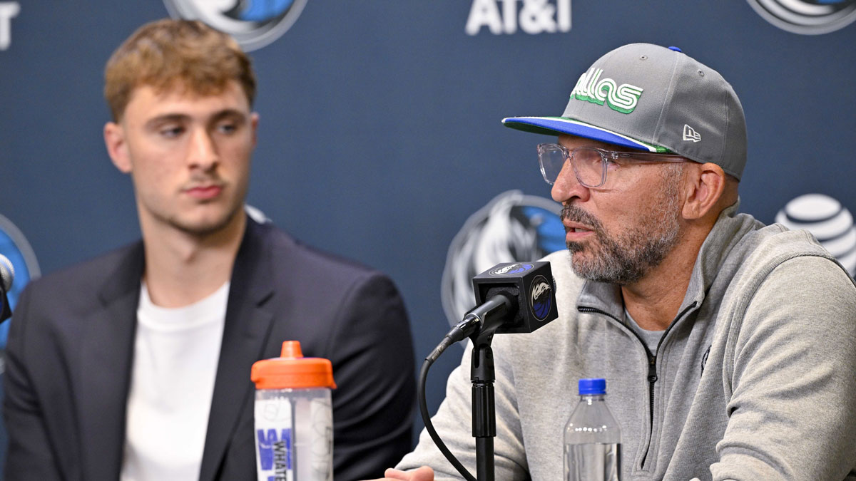 Dallas Mavericks first overall pick Cooper Flagg (left) looks on with head coach Jason Kidd (right) at a press conference at the Dallas Mavericks Practice Facility.