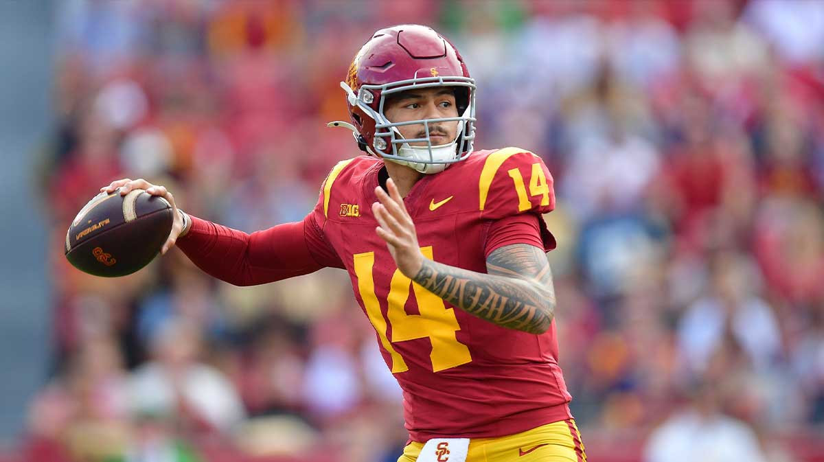 Southern California Trojans quarterback Jayden Maiava (14) throws against the Notre Dame Fighting Irish during the first half at the Los Angeles Memorial Coliseum.