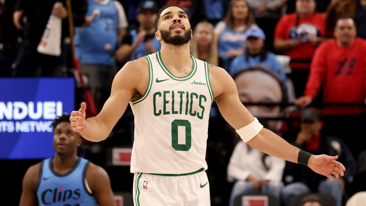 Boston Celtics forward Jayson Tatum (0) reacts after a play during the second quarter against the LA Clippers at Intuit Dome.