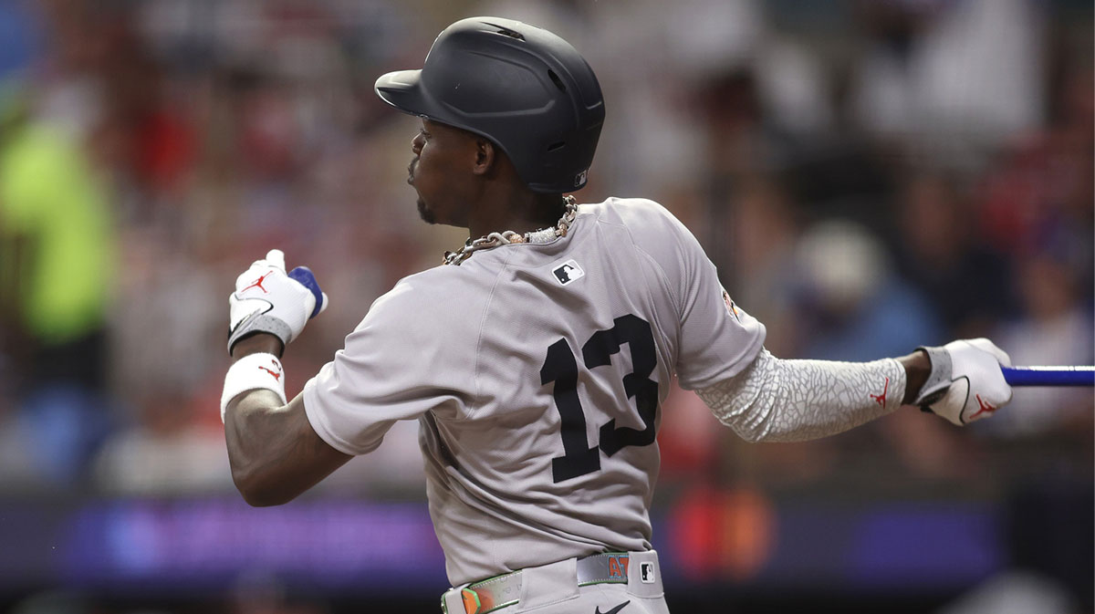 American League third baseman Jazz Chisholm Jr. (13) of the New York Yankees reaches on a fielding error in the seventh inning during the 2025 MLB All Star Game at Truist Park.