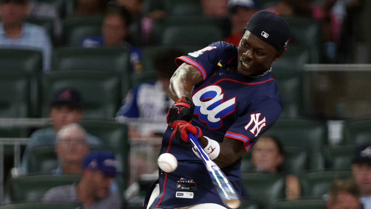 Jul 14, 2025; Atlanta, GA, USA; New York Yankees outfielder Jazz Chisholm Jr. (13) bats during the 2025 Home Run Derby at Truist Park.