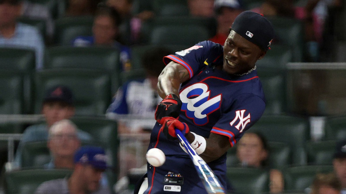 Jul 14, 2025; Atlanta, GA, USA; New York Yankees outfielder Jazz Chisholm Jr. (13) bats during the 2025 Home Run Derby at Truist Park. Mandatory Credit: Jordan Godfree-Imagn Images