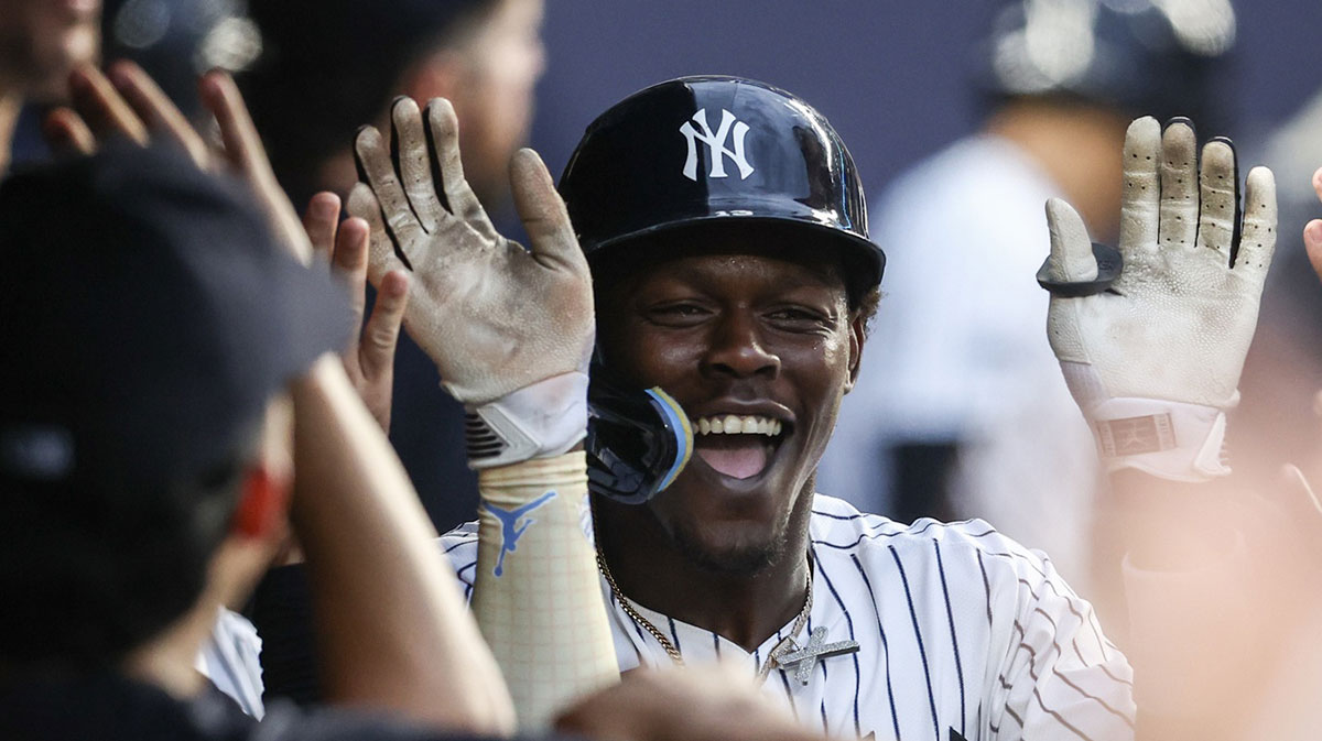 Jul 9, 2025; Bronx, New York, USA; New York Yankees second baseman Jazz Chisholm Jr. (13) celebrates after hitting a solo home run in the third inning against the Seattle Mariners at Yankee Stadium. Mandatory Credit: Wendell Cruz-Imagn Images