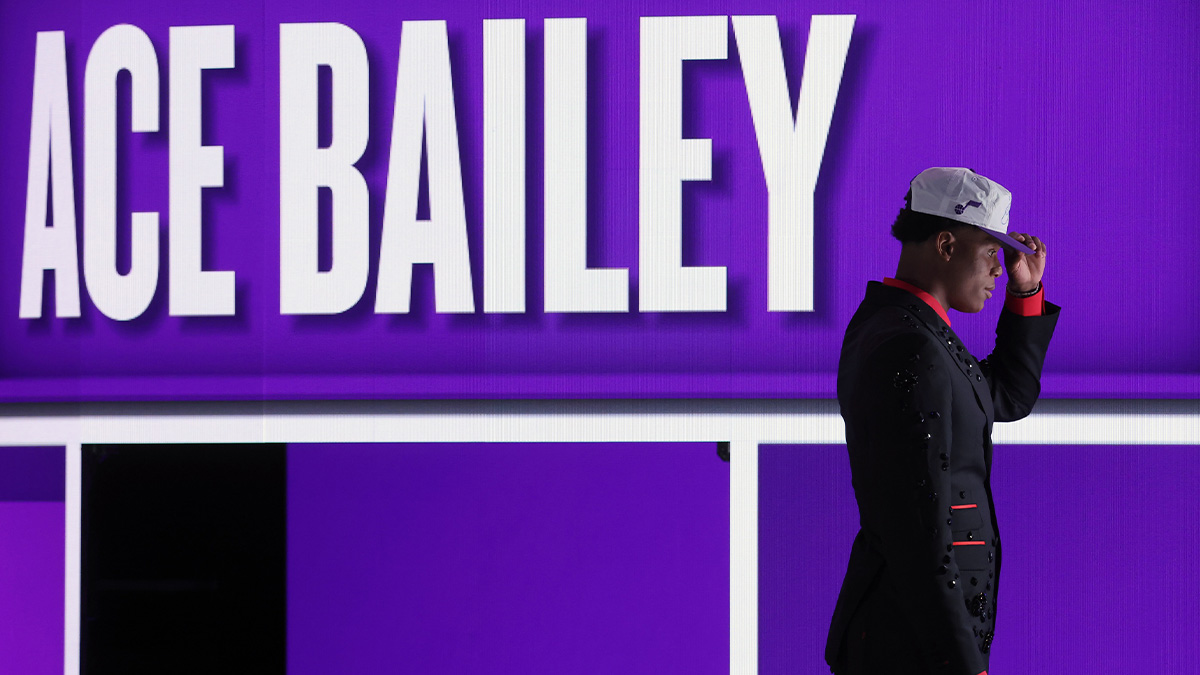 Ace Bailey looks on after being selected as the fifth pick by the Utah in the first round of the 2025 NBA Draft at Barclays Center