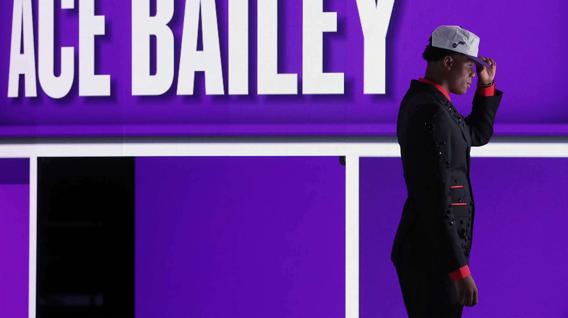 Jazz rookie Ace Bailey looks on after being selected as the fifth pick by the Utah in the first round of the 2025 NBA Draft at Barclays Center