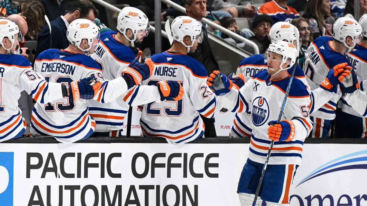 Edmonton Oilers center Jeff Skinner (53) celebrates his goal against the San Jose Sharks in the second period at SAP Center at San Jose.