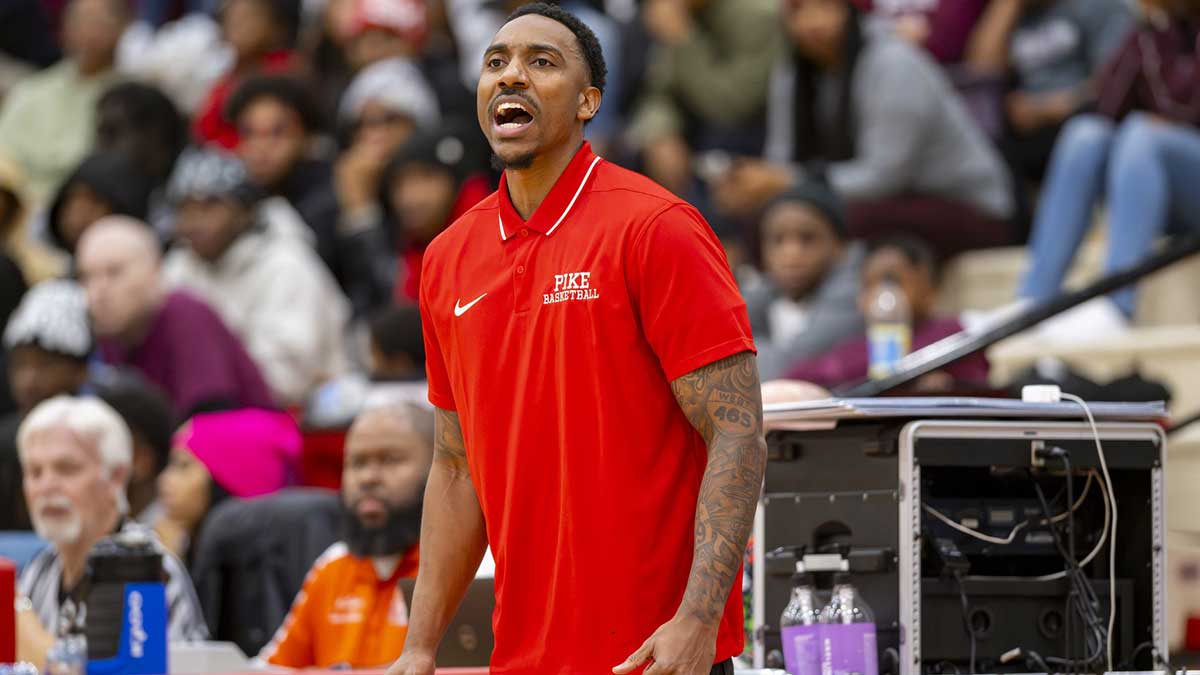Pike High School head coach Jeff Teague reacts to action on the court during the first half of an IHSAA basketball game against Lawrence Central High School, Friday, Dec. 15, 2023, at Pike High School.