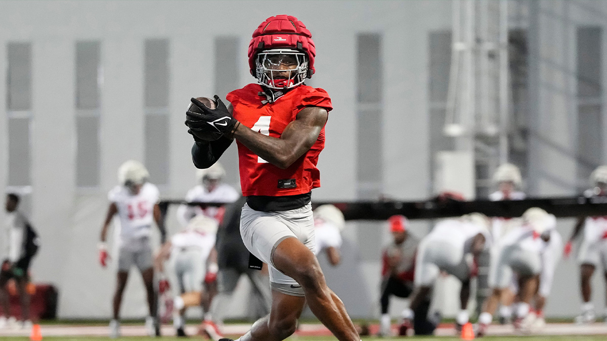 Ohio State Buckeyes wide receiver Jeremiah Smith (4) catches a ball during spring football practice at the Woody Hayes Athletic Center on March 17, 2025.