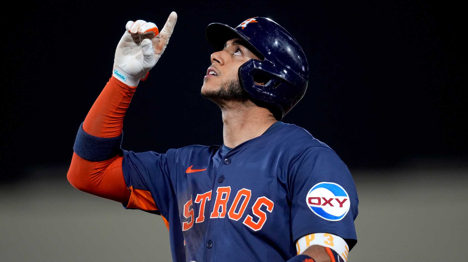 Houston Astros shortstop Jeremy Pena (3) reacts after hitting a single against the Athletics in the seventh inning at Sutter Health Park.