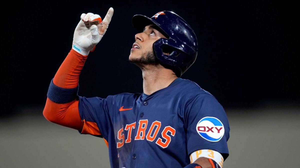 Houston Astros shortstop Jeremy Pena (3) reacts after hitting a single against the Athletics in the seventh inning at Sutter Health Park.