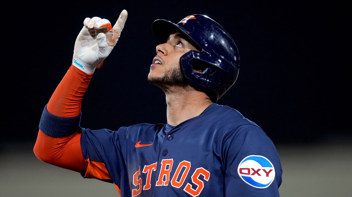 Jun 18, 2025; West Sacramento, California, USA; Houston Astros shortstop Jeremy Pena (3) reacts after hitting a single against the Athletics in the seventh inning at Sutter Health Park. Mandatory Credit: Cary Edmondson-Imagn Images