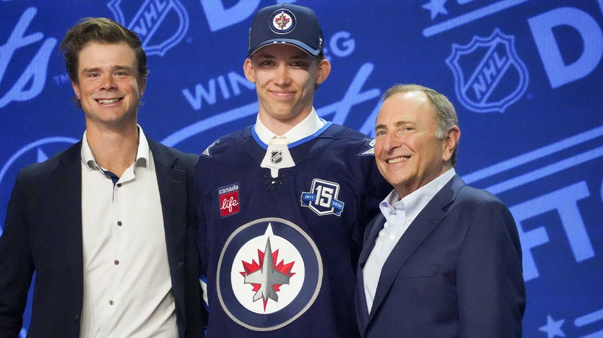 Sascha Boumedienne is selected as the 28th overall pick to the Winnipeg Jets in the first round of the 2025 NHL Draft at Peacock Theater.