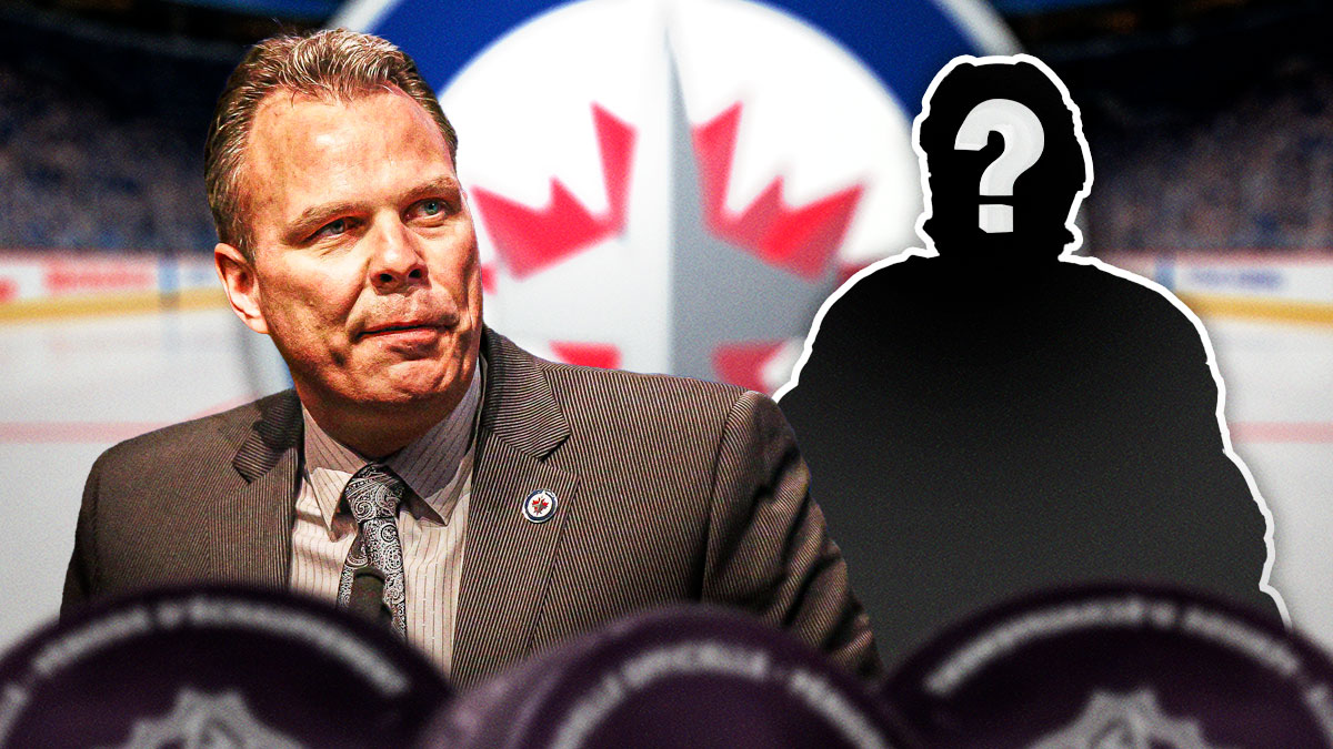 Jets GM Kevin Cheveldayoff with a mystery player. Question marks around them and the Jets logo in the background.