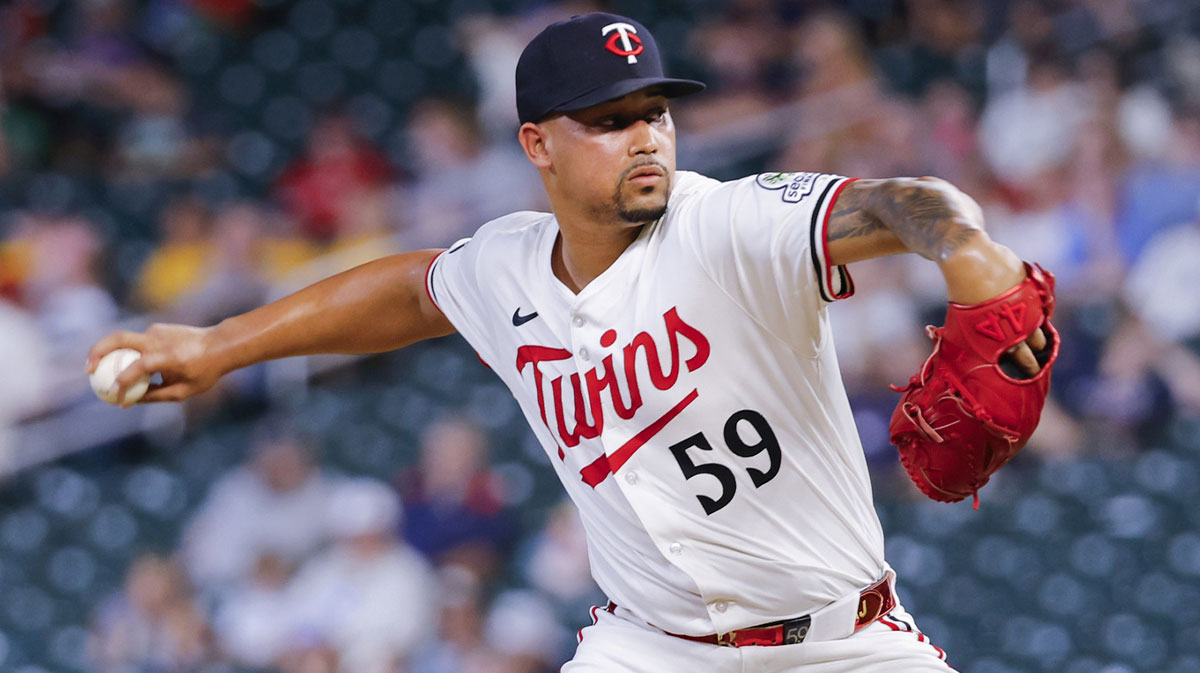 Minnesota Twins relief pitcher Jhoan Duran (59) throws to the Boston Red Sox in the ninth inning at Target Field.