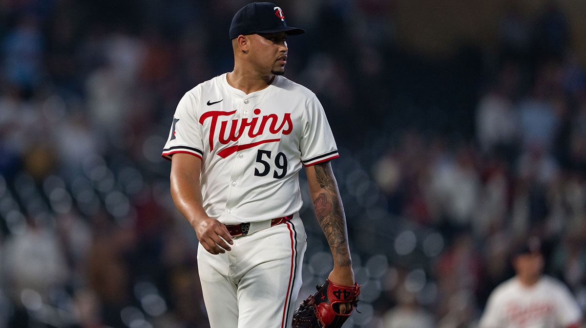 Minnesota Twins relief pitcher Jhoan Duran (59) looks on after defeating the Texas Rangers at Target Field.