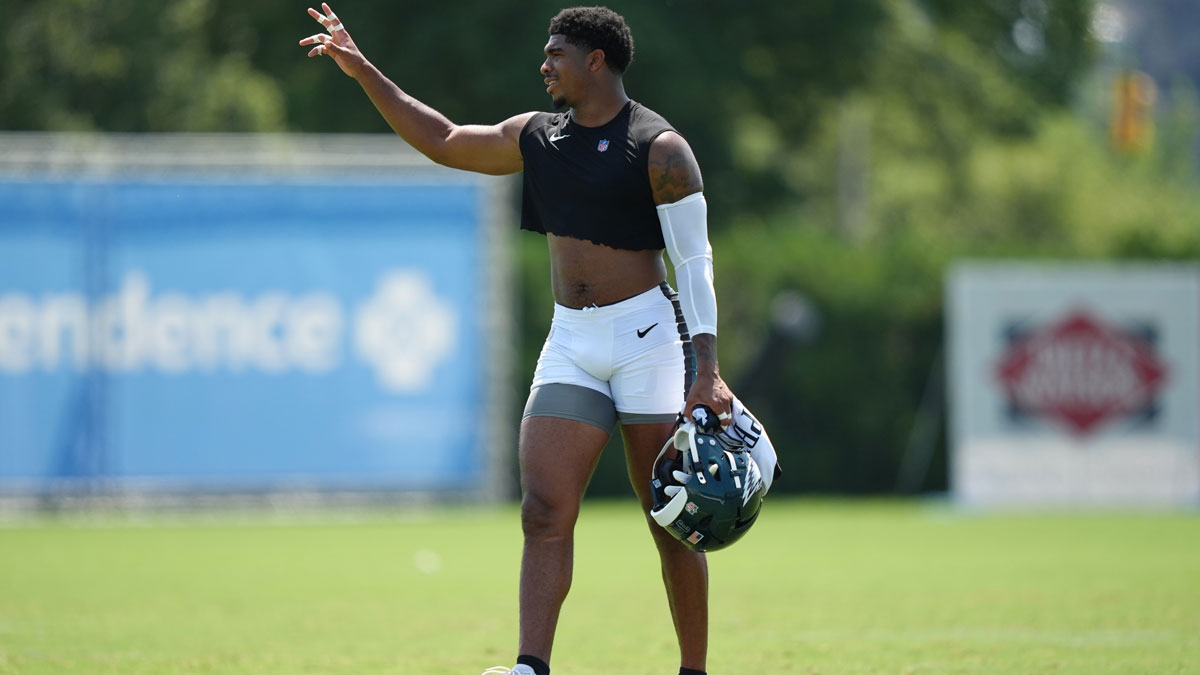 Philadelphia Eagles linebacker Jihaad Campbell (30) walks the field during training camp at NovaCare Complex.