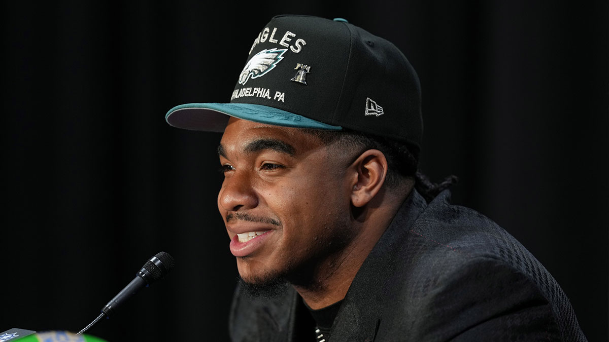 Jihaad Campbell speaks in a press conference after being selected by the Philadelphia Eagles as the number 31 pick in the first round of the 2025 NFL Draft