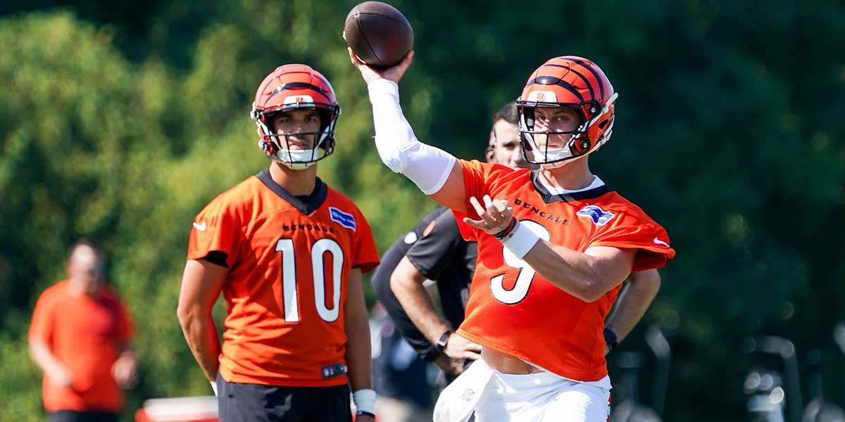 Cincinnati Bengals quarterback Joe Burrow (9) throws a pass during training camp, Wednesday, July 23, 2025, at the Kettering Health Bengals Practice Fields in Downtown Cincinnati.