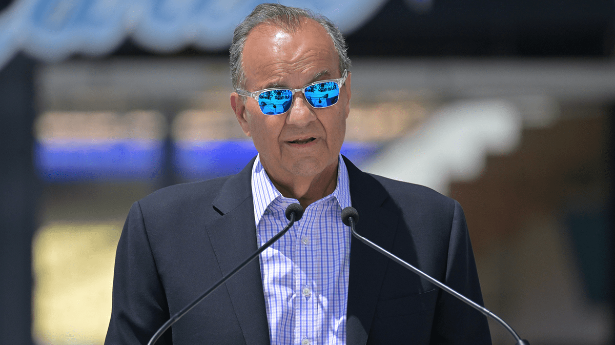 Joe Torre, Special Assistant to the Commissioner, MLB, speaks during the unveiling ceremony of a brand new Koufax commemorative statue at the Centerfield Plaza at Dodger Stadium. Mandatory Credit: Jayne Kamin-Oncea-Imagn Images