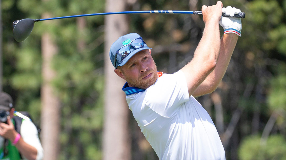 Joe Pavelski swings during the final round of the American Century Championship celebroty golf tournament at Edgewood Tahoe Golf Course in Stateline, Nev., Sunday, July 13, 2025.
