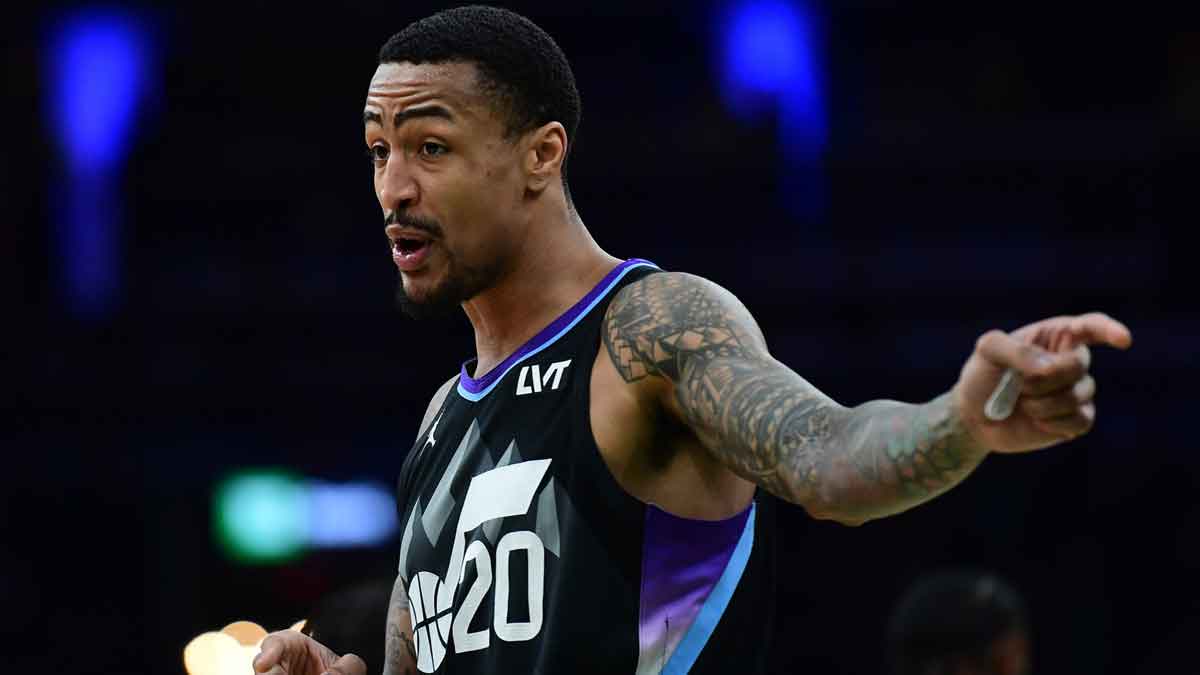 Utah Jazz forward John Collins (20) reacts towards the official after a non call during the first half against the Boston Celtics at TD Garden.