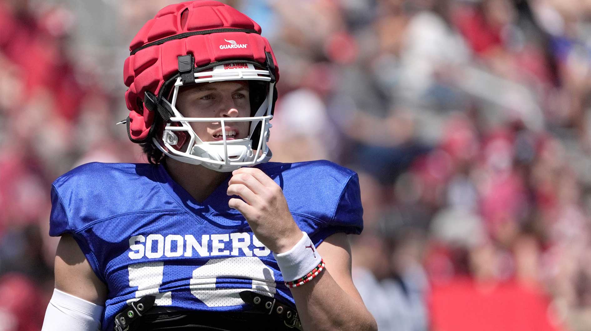 Oklahoma's John Mateer is pictured during the University of Oklahoma Sooners Crimson Combine at Gaylord Family - Oklahoma Memorial Stadium in Norman, Okla., Saturday, April, 12, 2025.