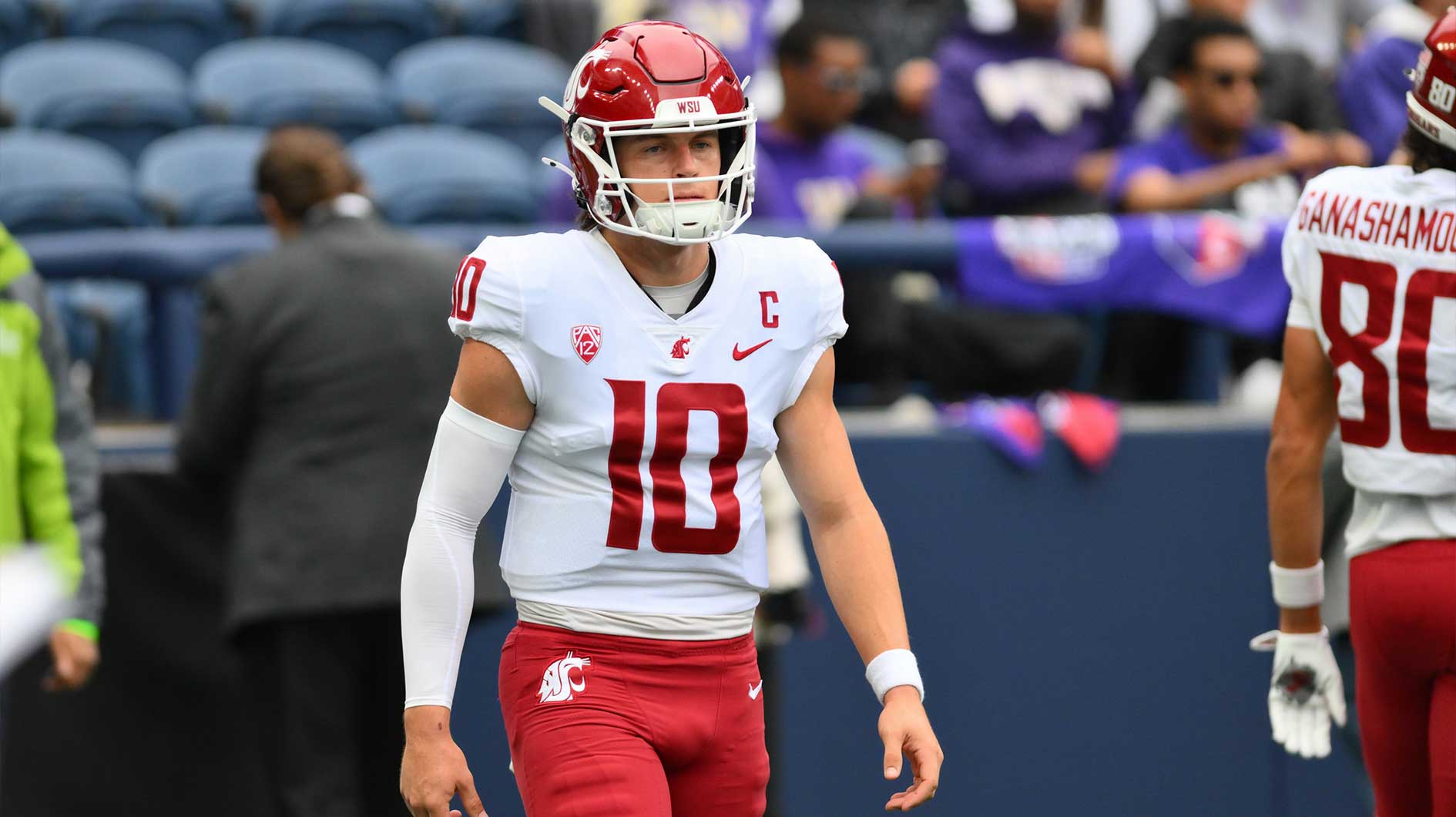 Washington State Cougars quarterback John Mateer (10) during warmups before the game against the Washington Huskies at Lumen Field.