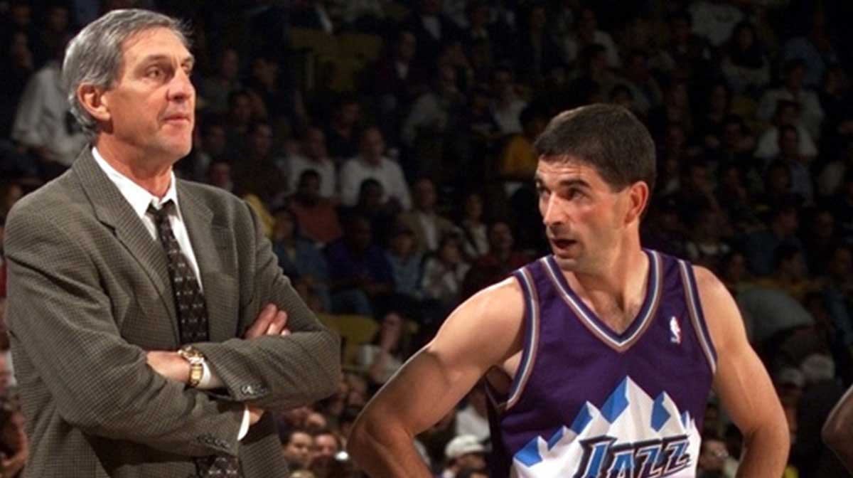 Utah head coach Jerry Sloan and guard John Stockton during Game 3 of the NBA Western Conference Finals against the Lakers at The Great Western Forum.
