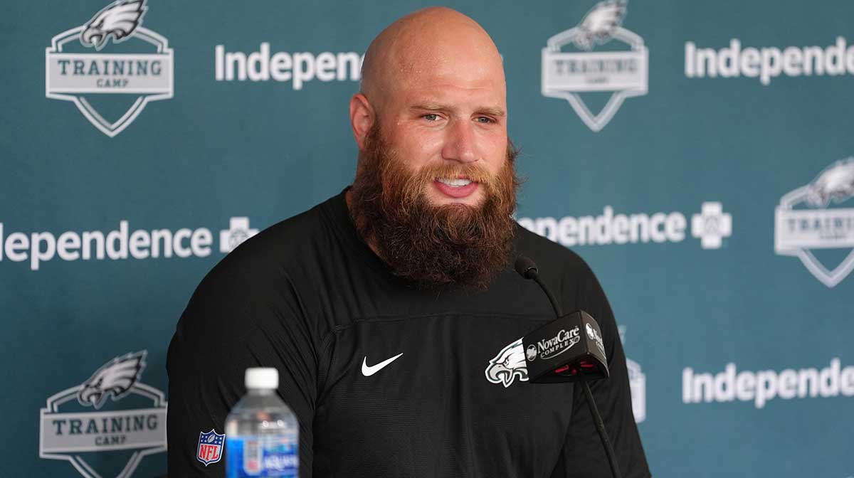Philadelphia Eagles offensive lineman Lane Johnson (65) addresses media during training camp at NovaCare Complex.