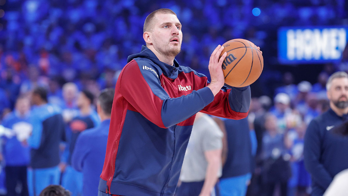 Denver Nuggets center Nikola Jokic (15) warms up before game seven of the second round against the Oklahoma City Thunder for the 2025 NBA Playoffs at Paycom Center.