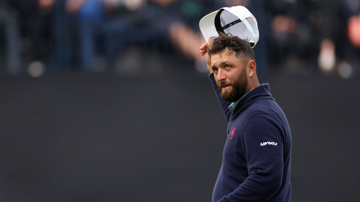Jon Rahm reacts after finishing the 18th hole during the first round of The 153rd Open Championship golf tournament at Royal Portrush.