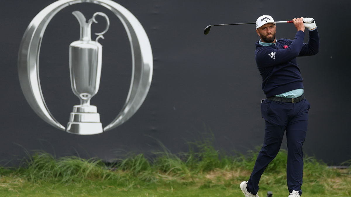 Jon Rahm tees off on the first hole during the first round of The 153rd Open Championship golf tournament at Royal Portrush.
