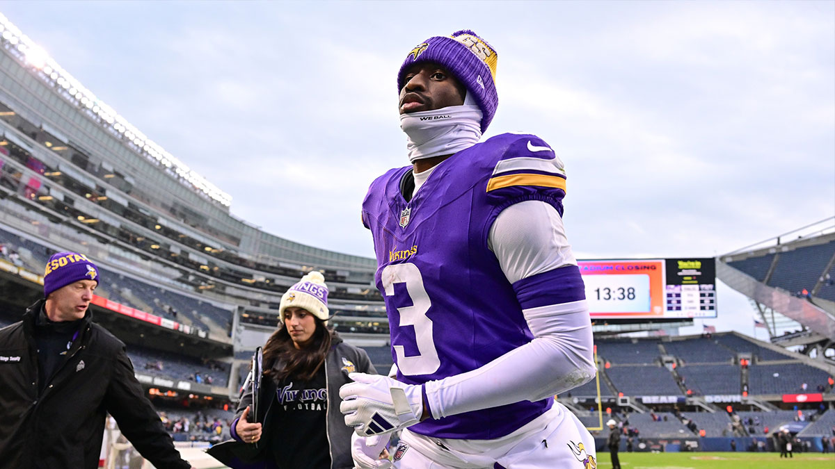 Minnesota Vikings wide receiver Jordan Addison (3) exits the field after the game against the Chicago Bears at Soldier Field.