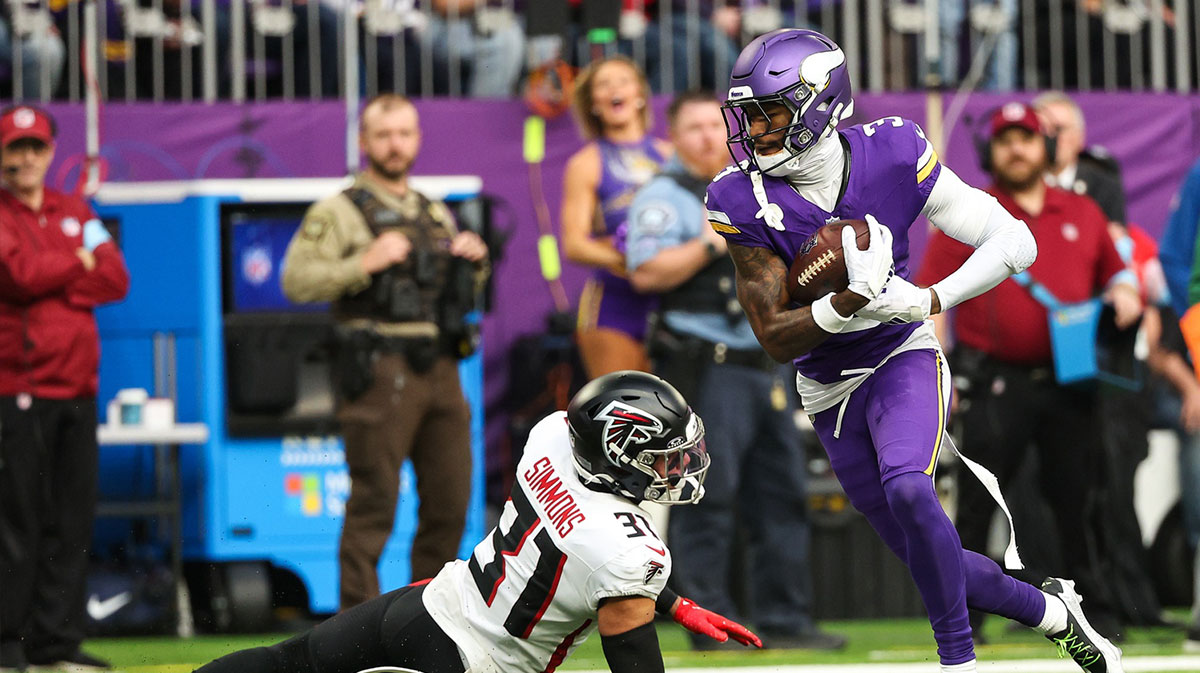 Minnesota Vikings wide receiver Jordan Addison (3) catches a pass for a touchdown against the Atlanta Falcons during the first quarter at U.S. Bank Stadium