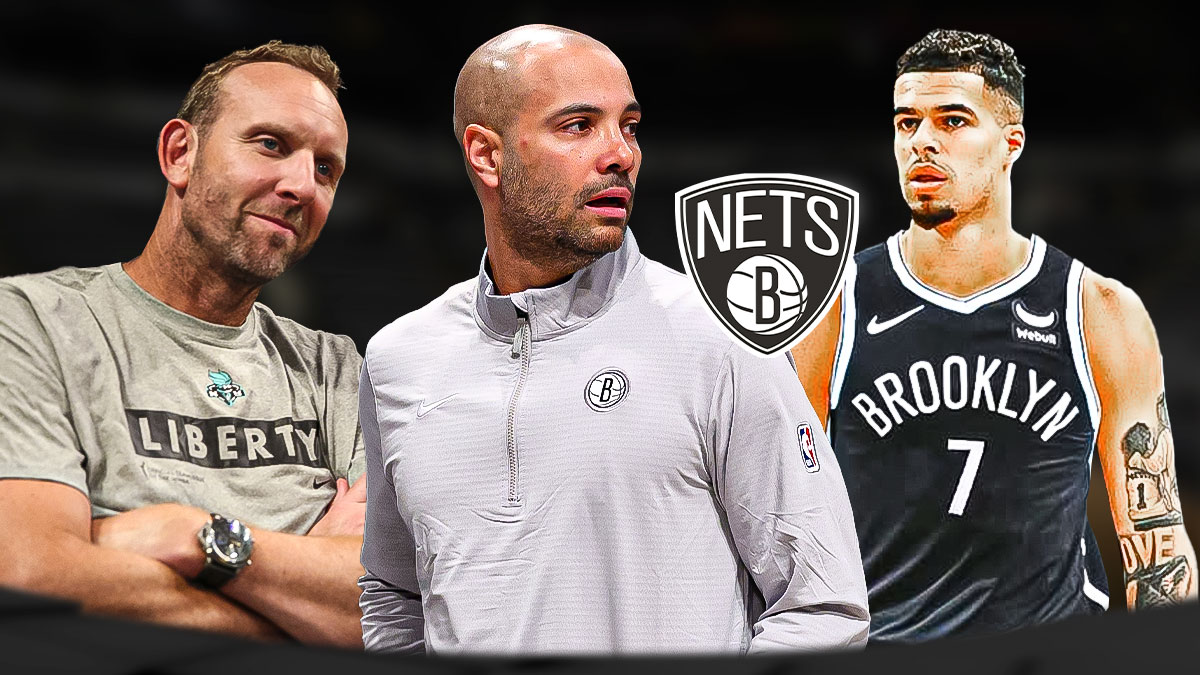 Jordi Fernandez and Sean Marks looking at Michael Porter Jr. with a Nets logo between them