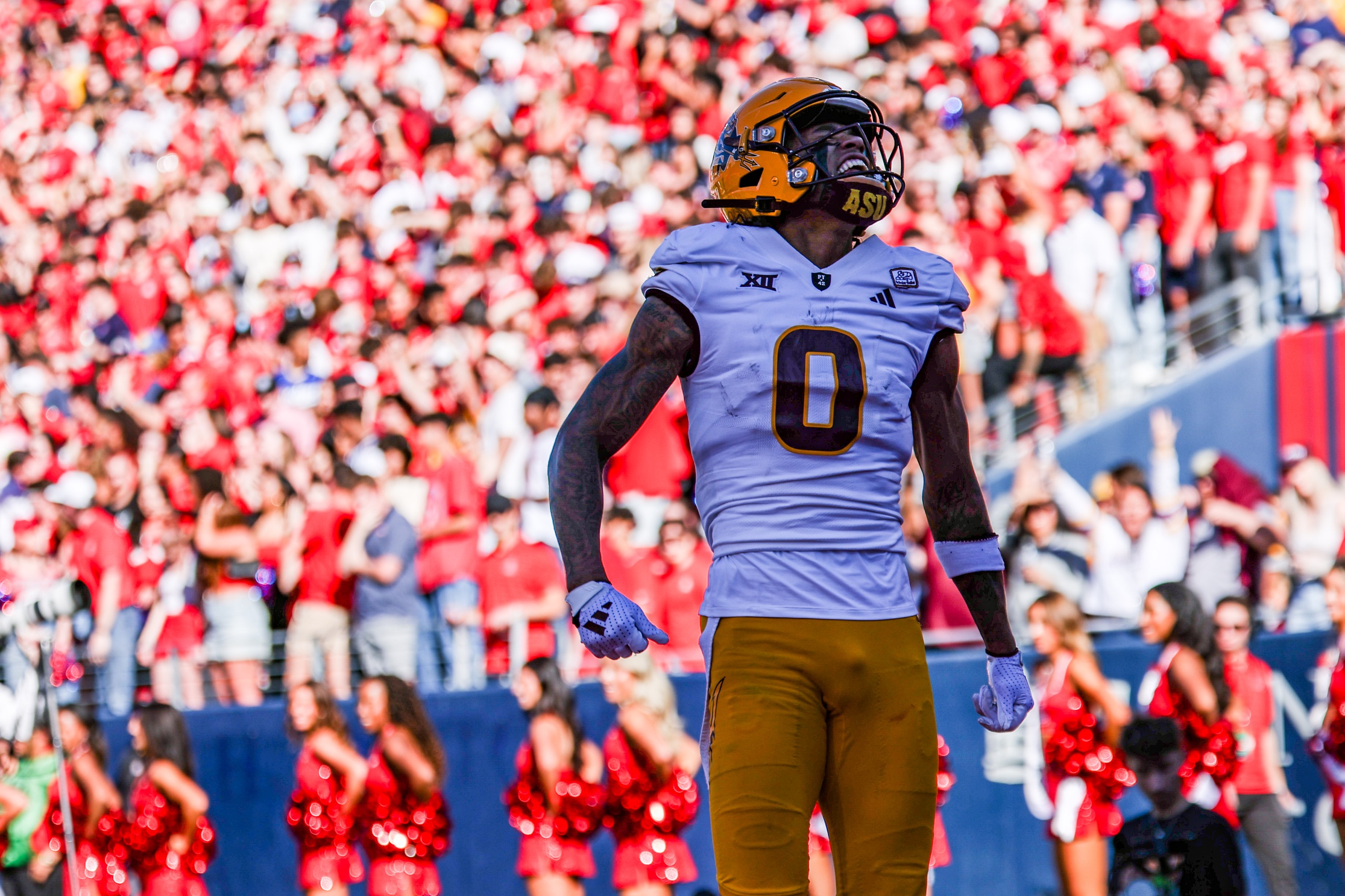 Arizona State Sun Devils wide receiver Jordyn Tyson (0) celebrates a first down during the first half against the Arizona Wildcats at Arizona Stadium.