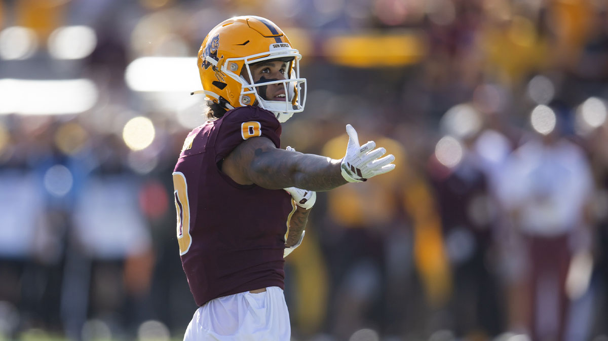 Nov 23, 2024; Tempe, Arizona, USA; Arizona State Sun Devils wide receiver Jordyn Tyson (0) celebrates a play against the Brigham Young Cougars in the first half at Mountain America Stadium. Mandatory Credit: Mark J. Rebilas-Imagn Images