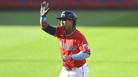Jul 22, 2025; Cleveland, Ohio, USA; Cleveland Guardians third baseman Jose Ramirez (11) rounds the bases after hitting a solo home run in the first inning against the Baltimore Orioles at Progressive Field.