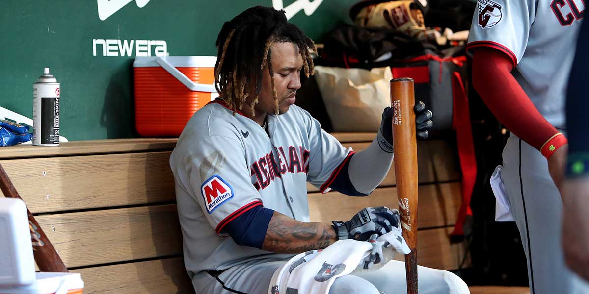 Jun 21, 2025; West Sacramento, California, USA; Cleveland Guardians third baseman Jose Ramirez (11) wipes off his bat in between the fourth inning at a game against the Athletics at Sutter Health Park. Mandatory Credit: Dennis Lee-Imagn Images