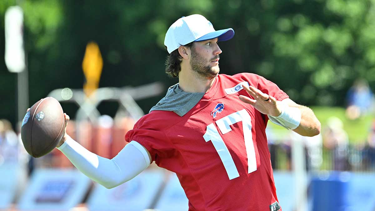 Buffalo Bills quarterback Josh Allen (17) throws a pass during training camp at St. John Fisher University.