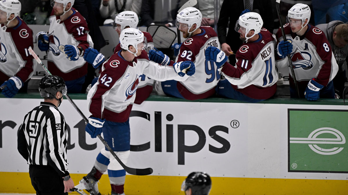 Colorado Avalanche defenseman Josh Manson (42) skates past his teammates after he scores a a short-handed goal against the Dallas Stars during the second period in game seven of the first round of the 2025 Stanley Cup Playoffs at American Airlines Center.